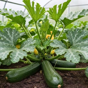 Può includere: Primo piano di una pianta di zucchine con grandi foglie verdi e diverse zucchine verde scuro. Fiori gialli sono visibili tra le foglie. La pianta cresce in terreno scuro.