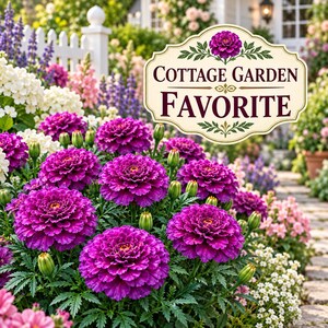 Deep burgundy Purple India Marigolds blooming beside a romantic cottage garden pathway surrounded by cream, blush and lavender companion flowers.