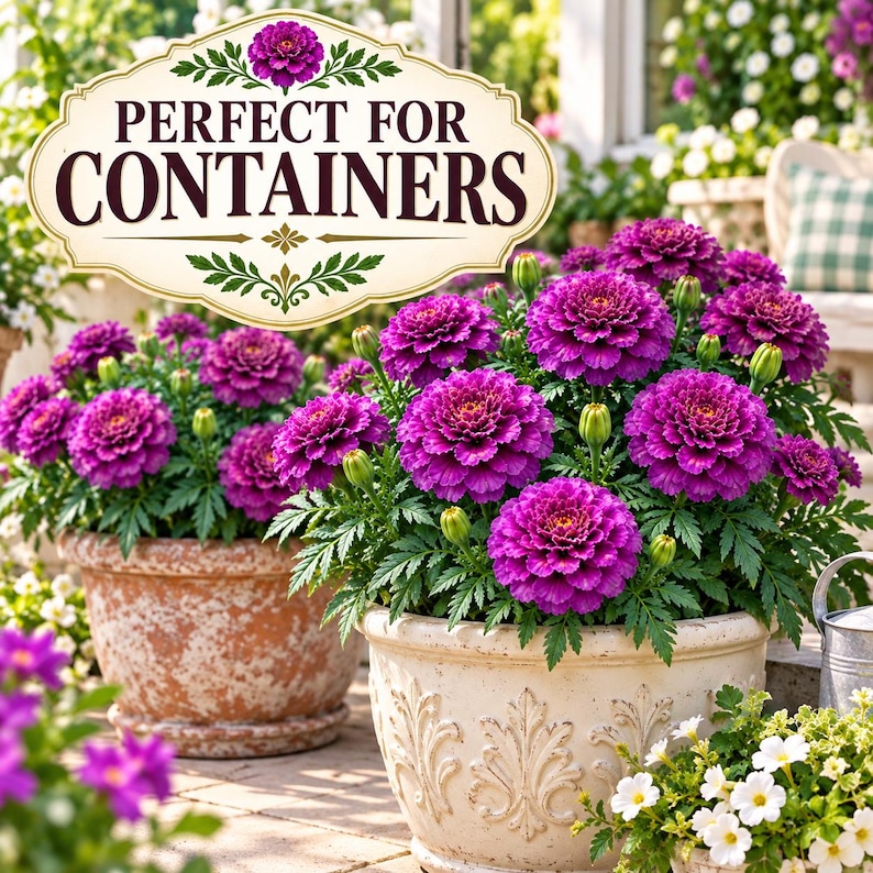 Purple India Marigolds blooming abundantly in decorative cream and terracotta containers with rich burgundy flowers and green foliage.