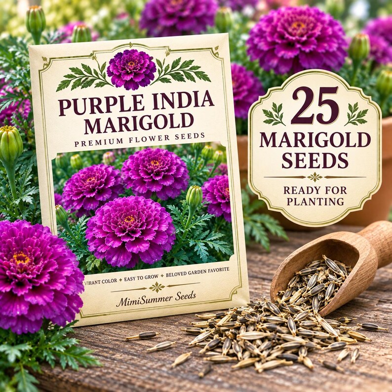 Purple India Marigold seed packet displayed beside clearly visible marigold seeds on a rustic garden table with dark burgundy flowers softly blurred behind.
