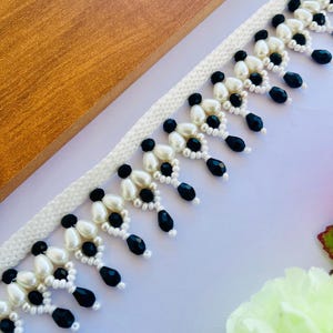 4cm Black White Beaded Tassel Fringe Trim Pearl Crystal Lace, 1 Yard