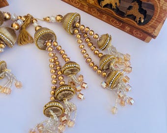 Handmade Gold Latkan Pair with Beads & Crystal Drops | 7 Inch Long Tassels