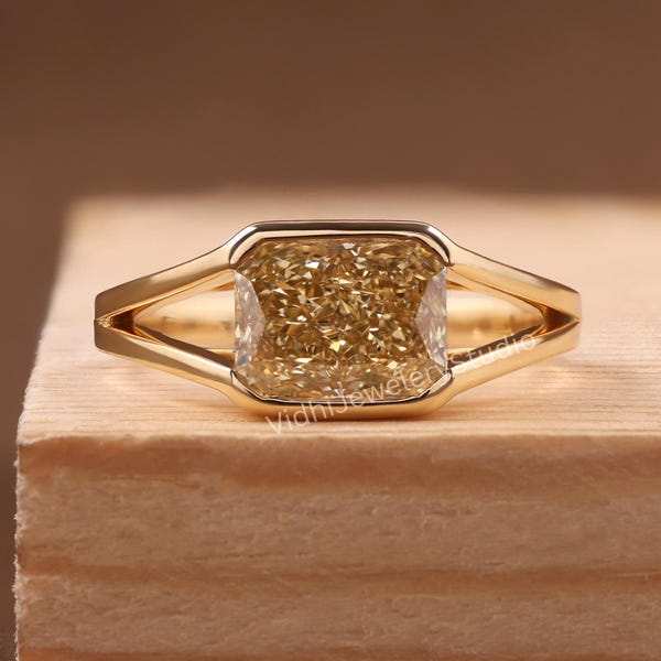 Champagne Moissanite Radiant Cut East West Split Shank Engagement Ring . Half Bezel Set Solitaire Ring . Gift for Her
