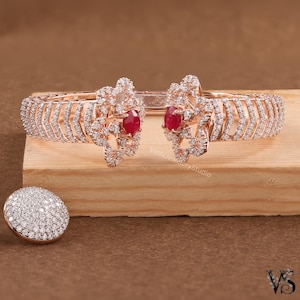 Moissanite Multi Row Cuff Bracelet | Convertible Ruby Accent Bangle | Solid Gold Statement Bracelet Gift for Her