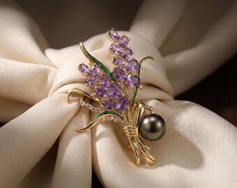 Tahitian Pearl Brooch: Lavender Bouquet, Amethyst CZ, 18K Gold Plated