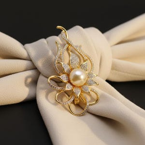 Stylized Lotus Flower South Sea Pearl Brooch Certified with 18K Gold Plated Rhodium Frame, Cubic Zirconia, Elegant Luxury Pin