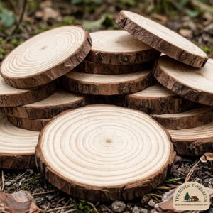 May include: A collection of rustic wooden coasters, each cut from a tree trunk, showcasing natural wood grain and bark edges. The coasters are circular, with a light brown color and varying diameters. The image is taken outdoors, with a blurred background of leaves and foliage.