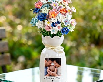 Custom Photo Vase with 10-Piece Ceramic Flower Blind Box - Personalized Memory Gift for Mom, Mother‘s Day, Newborn, Home Decor