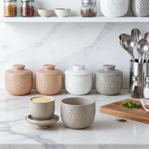 Op de afbeelding: Een collectie keramische botervlootjes in diverse neutrale tinten, elk met het woord Butter in reliëf aan de zijkant. De set bevat vier botervlootjes met deksel op een rij, en twee open vlootjes op de voorgrond, waarvan er één gele boter bevat.