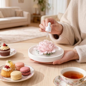 May include: A light pink flower-shaped essential oil diffuser with a white base. A person is using a dropper to add oil to the flower. The table also has a cupcake, pastries, macarons, and a cup of tea.