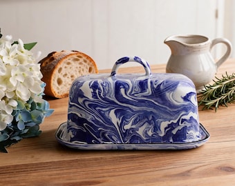 Customizable name Blue Enamel Butter Dish with Lid - Butter Keeper, Cheese Storage Box, Housewarming Gift, Teacher Gift, Home Kitchen Decor,