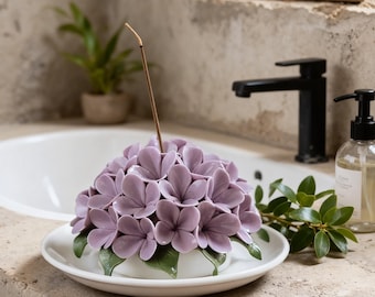 Handmade Hydrangea Incense Holder, 3 Colors, with/without Tray, Gift for Mom, Yoga & Meditation Decor, Ceramic Gift