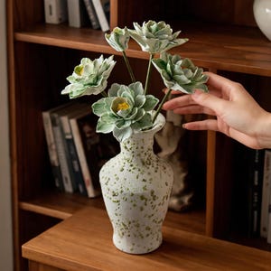 Matte Speckled Green Vase Set with 4 Peonies + Bud, Ceramic Flower Bouquet, Graduation &Housewarming Gift, Home Decor Room Diffuser