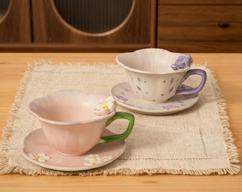 Graduation Gift, Mother's Day Gift - Relief Petal Latte Mug & Saucer Set, Personalized Name Engraved Ceramic Coffee Cup, 4 Styles