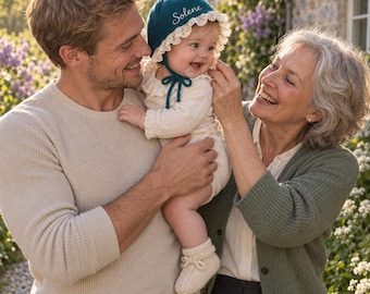 Peut inclure: Un bonnet pour bébé en tricot bleu sarcelle foncé avec une bordure en dentelle blanche, des liens assortis et le prénom Solene brodé en écriture blanche. Il est accompagné d'une barboteuse texturée à manches longues et de chaussons assortis.
