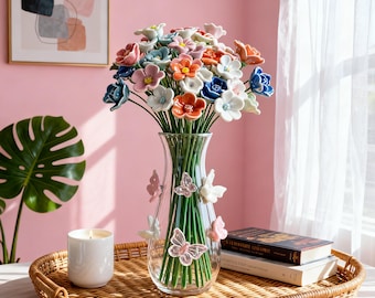 3D Butterfly Vase with 20 Random Ceramic Flowers - A Fluttering Mother’s Day Gift & Magical Home Decor Centerpiece