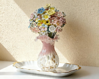 Elegant French Style Glass Vase | Mother's Day Gift | Home Decor | with Ceramic Flowers of Everlasting Love