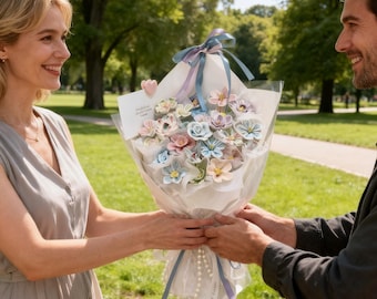 "FÖR DIG" Fast Keramikbukett - Presentset med 21 eller 11 Eviga Blommor, Pärlor och Band, Anpassningsbara Tillägg för Henne, Mamma eller Flickvän