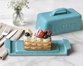 Vintage Blue Ceramic Butter Dish with Lid–Personalized Engraved Butter Crock for Kitchen Counter, Farmhouse Style, Keeps Butter&Cheese Fresh