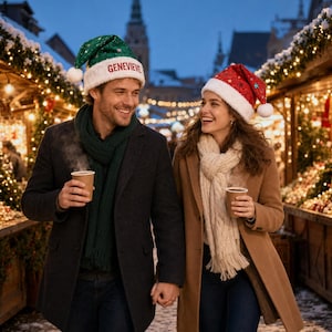 May include: A green Santa hat with white trim and the name GENEVIEVE in red letters, and a red Santa hat with white trim, both featuring star patterns, worn by two individuals in winter coats and scarves holding paper cups of hot beverages.