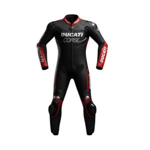 Black One-Piece Motorcycle Leather Racing Suit – Ducati-Inspired Performance Gear for Him