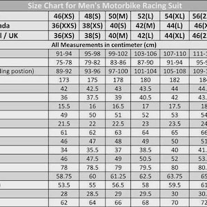 May include: A grey and white size chart for a motorbike racing suit. The table displays measurements in centimeters for chest, waist, hip, full length, back rise, front yoke, shoulder, collar, cuff, sleeve, knee, elbow, back yoke, inseam, and thigh.