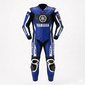 May include: A blue, black, and white leather motorcycle racing suit featuring the Yamaha logo on the chest, arms, and legs. The suit includes R1 branding on the thighs, protective knee sliders, a central zipper, and various sponsor logos.
