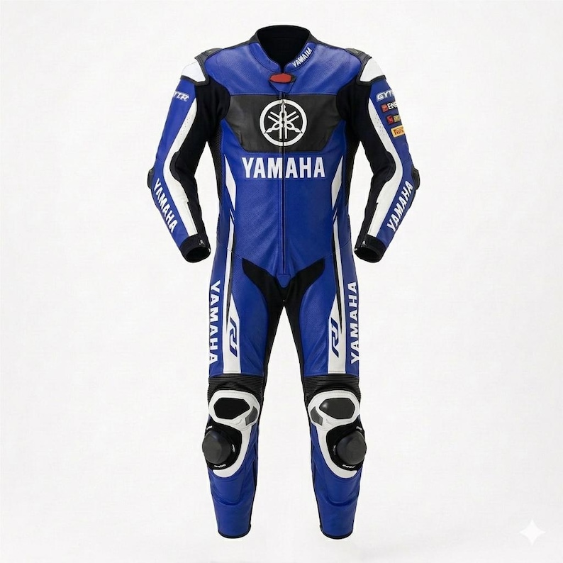 May include: A blue, black, and white leather motorcycle racing suit featuring the Yamaha logo on the chest, arms, and legs. The suit includes R1 branding on the thighs, protective knee sliders, a central zipper, and various sponsor logos.