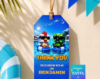 Etiqueta de agradecimiento para fiesta en la piscina con bloques pixelados, recuerdo de cumpleaños de verano para niños (editable en Canva)