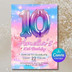 Faire-part 10e anniversaire ballon scintillant – Modèle rose scintillant sur toile (téléchargement numérique)
