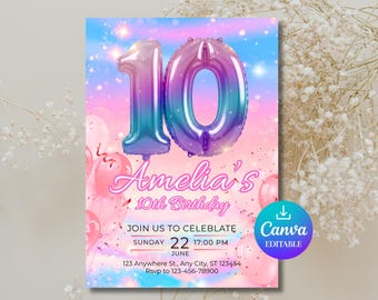 May include: A birthday invitation card featuring large, metallic, gradient-colored number balloons forming the number 10 against a pink and blue background. The text reads Amelia's 10th Birthday, Join us to celebrate, Sunday 22 June, 17:00 PM, and address details.