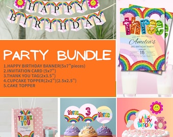 Editable Rainbow Birthday Party Bundle | Canva Invitation, Banner, Cupcake & Cake Toppers | Printable Kids Birthday Decorations