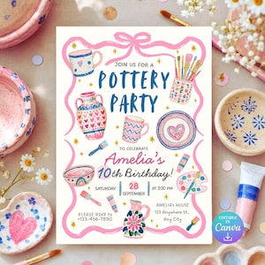 May include: A rectangular invitation for a pottery party featuring a pink ribbon border, illustrations of painted ceramics, and paintbrushes. Text includes: JOIN US FOR A POTTERY PARTY TO CELEBRATE Amelia's 10th Birthday! 28 SEPTEMBER AT 2:00 PM.