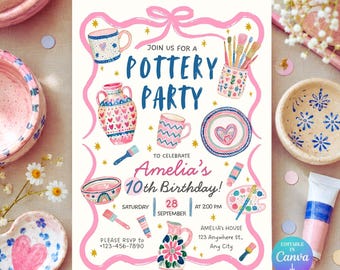 Pottery Painting Birthday Invitation, Editable Canva Template, Kids Party Invite