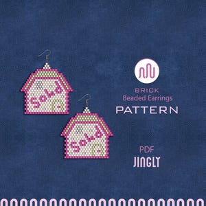 May include: Two beaded earrings in a house shape with the word "Sold" in the center. The earrings are white, pink, and green. The image also includes the text "BRICK Beaded Earrings PATTERN PDF JINGLY".
