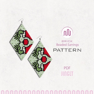 Op de afbeelding: Twee diamantvormige oorringen met een geometrisch ontwerp. De oorbellen hebben een lichtgroene achtergrond met rode en zwarte accenten. De tekst "BRICK Beaded Earrings PATTERN PDF JINGLY" is ook zichtbaar.