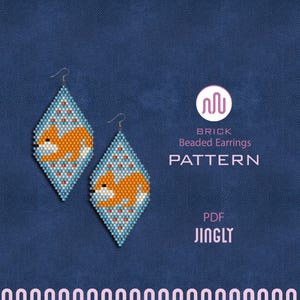 May include: Two beaded earrings with a fox design. The earrings are diamond-shaped with a light blue background and orange fox. The text on the image says "BRICK Beaded Earrings PATTERN PDF JINGLY".