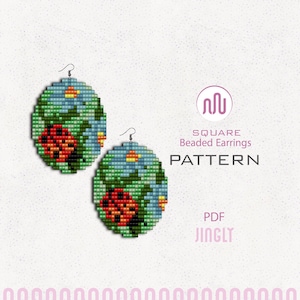 May include: Square beaded earrings pattern featuring a floral design with ladybugs. The earrings are round with a blue, green, and red color scheme. The image also includes the text "SQUARE Beaded Earrings PATTERN PDF JINGLY".