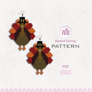 May include: Two beaded turkey earrings with red, orange, brown, and black details. Each earring features a turkey design with a pilgrim hat. The earrings are on a light background. Text on the image reads "Beaded Earring PATTERN" and "PDF JINGLY".