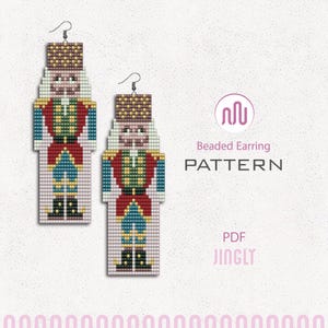 May include: Two beaded earring patterns in the shape of a Nutcracker soldier. The earrings feature a red jacket, blue pants, and a brown hat. The text "Beaded Earring PATTERN" and "PDF JINGLY" are also visible.