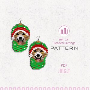 May include: Two beaded dog earrings with a festive design. The earrings feature a dog face in green, red, and white beads. They have silver hooks. The image includes the text "BRICK Beaded Earrings PATTERN PDF JINGLY".