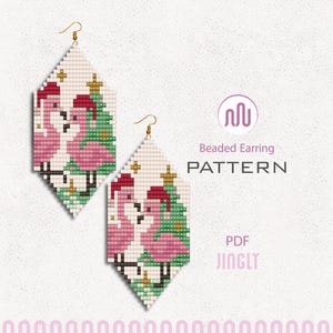 May include: Beaded earring pattern featuring a festive design with pink flamingos wearing Santa hats and Christmas trees. The earrings are diamond-shaped with gold-colored hooks. The text "Beaded Earring PATTERN" and "PDF JINGLY" are also visible.