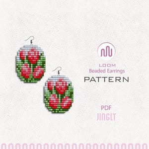 May include: Two beaded earrings with a floral design. Each earring features a red flower pattern on a white and green background. The earrings are oval-shaped and have silver-colored hooks. The image also includes the text "LOOM Beaded Earrings PATTERN PDF JINGLY".