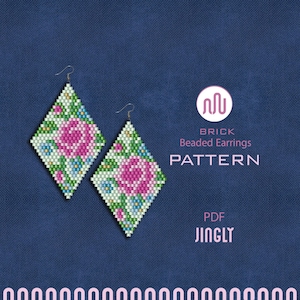 May include: Two diamond-shaped beaded earrings with a floral design. The earrings feature a pink rose surrounded by green, white, and blue beads. The earrings are hanging from silver hooks. The background is a dark blue fabric. The text on the image says "BRICK Beaded Earrings PATTERN PDF JINGLY".