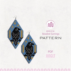 May include: Diamond-shaped beaded earrings pattern featuring a black raven on a branch against a blue background with gold accents. The earrings are shown with a silver hook. The text on the image says "BRICK Beaded Earrings PATTERN PDF JINGLY."