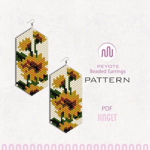 Könnte beinhalten: Zwei Perlenohrringe mit Sonnenblumenmuster. Die Ohrringe sind sechseckig und zeigen gelbe, orangefarbene und braune Sonnenblumen auf cremefarbenem Hintergrund. Der Text "PEYOTE Beaded Earrings PATTERN PDF JINGLY" ist ebenfalls sichtbar.