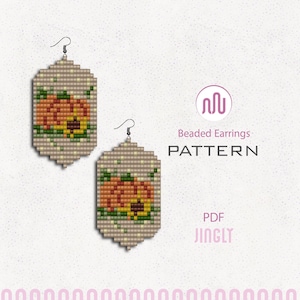 May include: Two beaded earrings with a pumpkin and sunflower design. The earrings are rectangular with a light tan background and a beaded pattern. The text "Beaded Earrings PATTERN PDF JINGLY" is also visible.