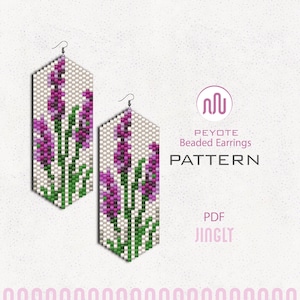 May include: Two beaded earrings with a lavender flower design. The earrings are hexagonal and feature a pattern of purple flowers with green stems on a cream background. The image also includes the text "PEYOTE Beaded Earrings PATTERN PDF JINGLY".