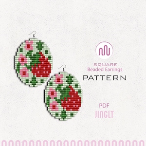 May include: Square beaded earrings pattern featuring a strawberry design. The earrings are round with a white background, green leaves, pink flowers, and red strawberries. The text "SQUARE Beaded Earrings PATTERN PDF JINGLY" is also visible.