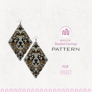 May include: Two diamond-shaped beaded earrings with a bear face design in brown, black, and white. The earrings hang from silver hooks. The image also includes text that reads "BRICK Beaded Earrings PATTERN PDF JINGLY."